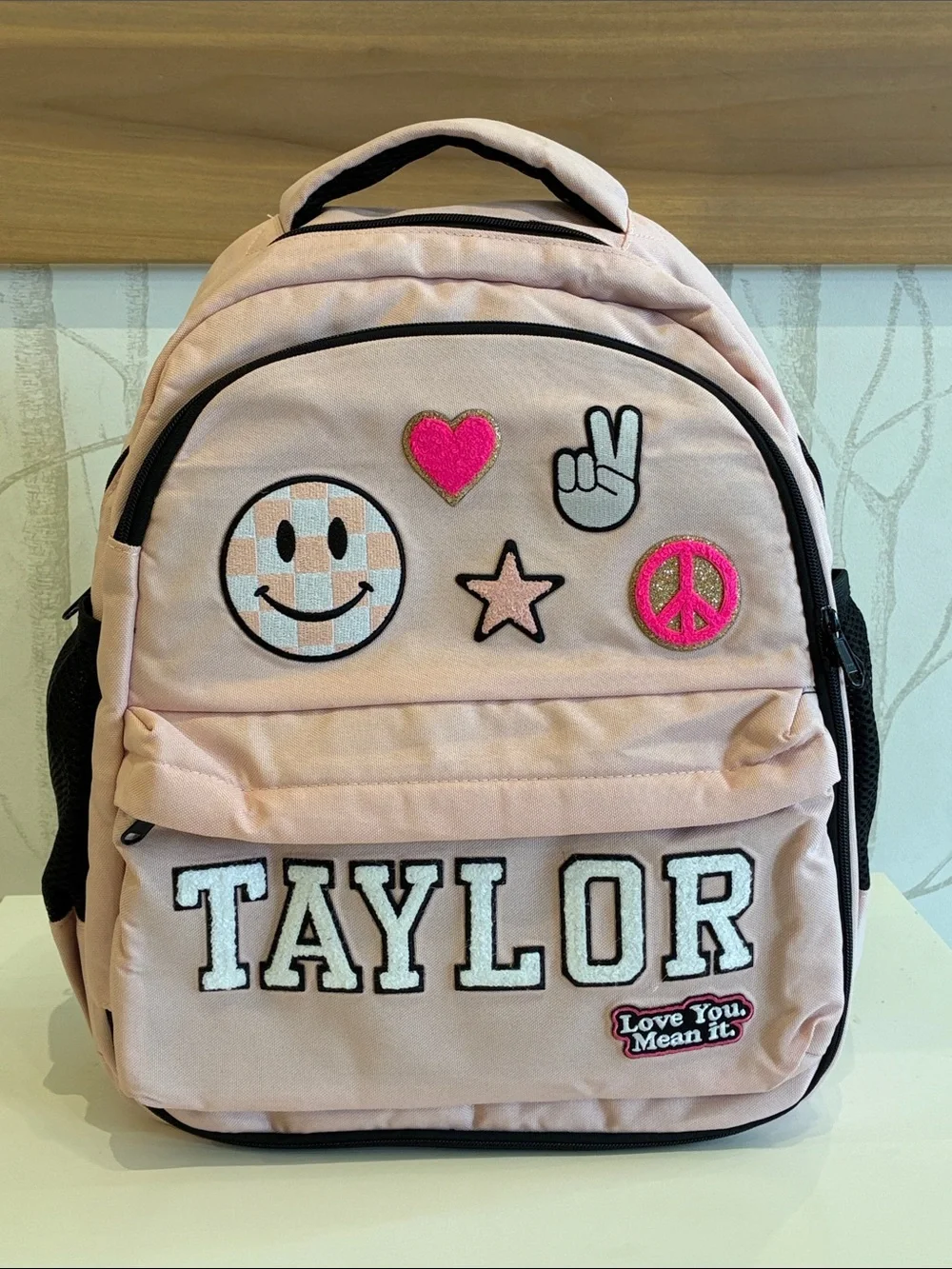 Personalized Pink Kids Backpack with Patch Details